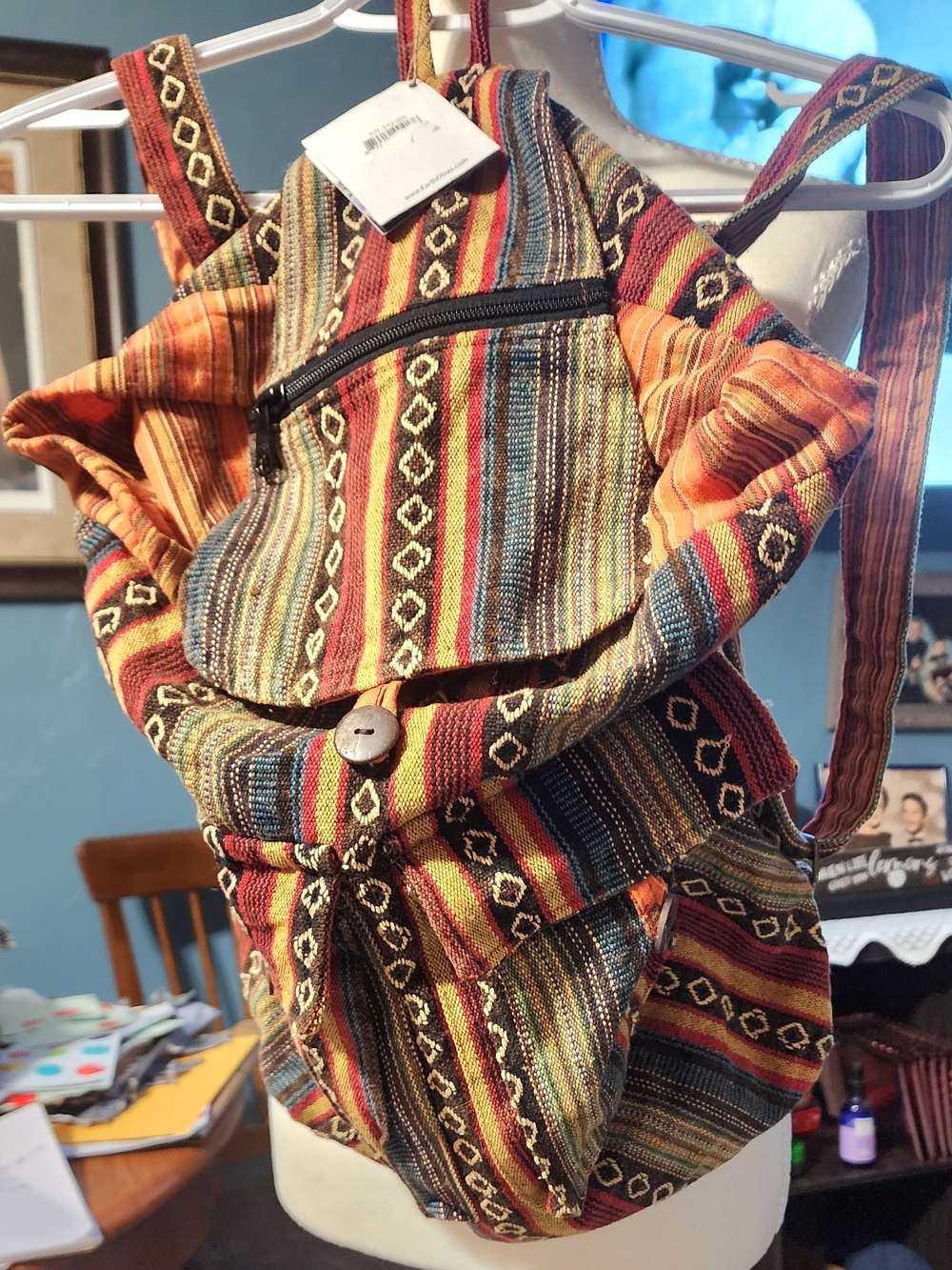 Boho Striped Multicolor Woven Backpack - Orange, Red & Blue NWT